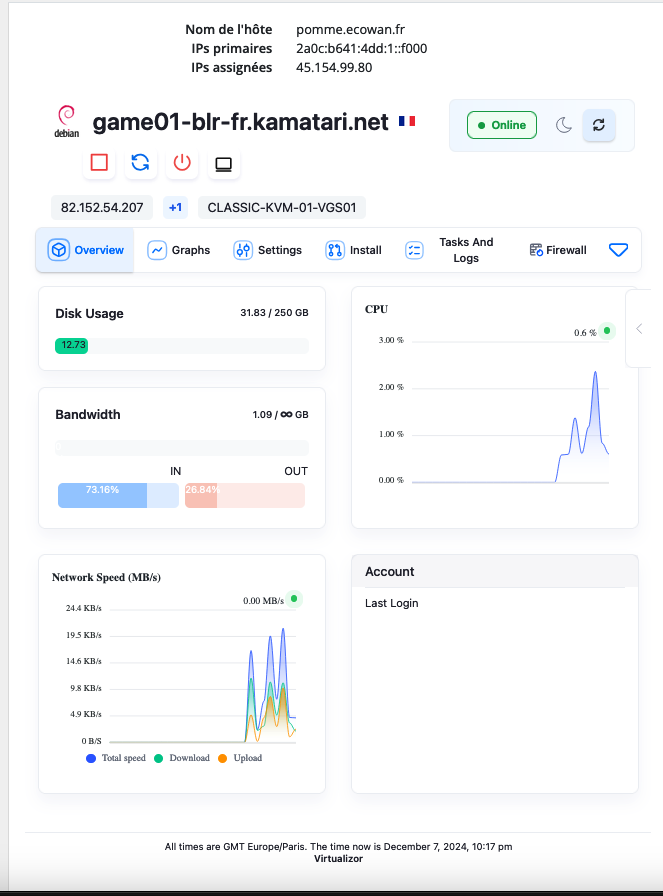 Capture d'écran du panel VPS